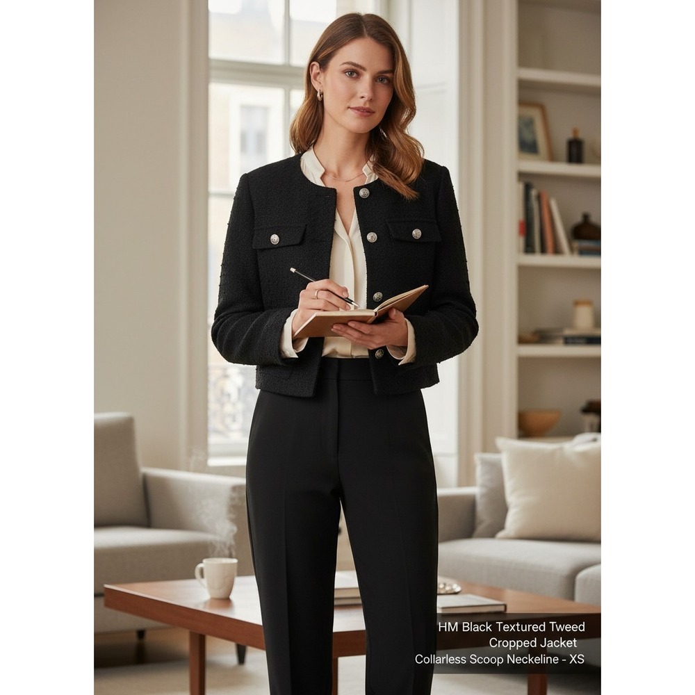 H&M Black Textured Tweed Cropped Jacket Collarless Scoop Neckline- XS